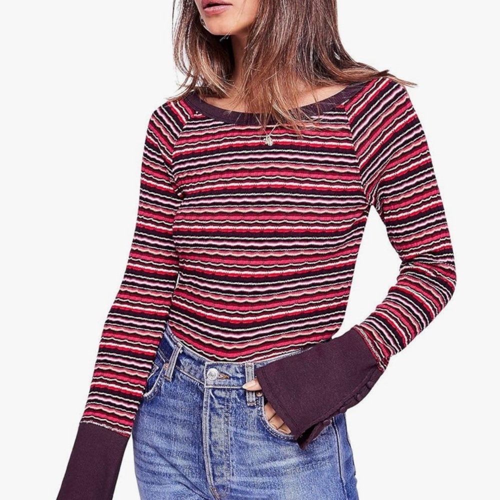 Free People Donna Knit Ribbed Crop T-Shirt Long Sleeve Red Stripe